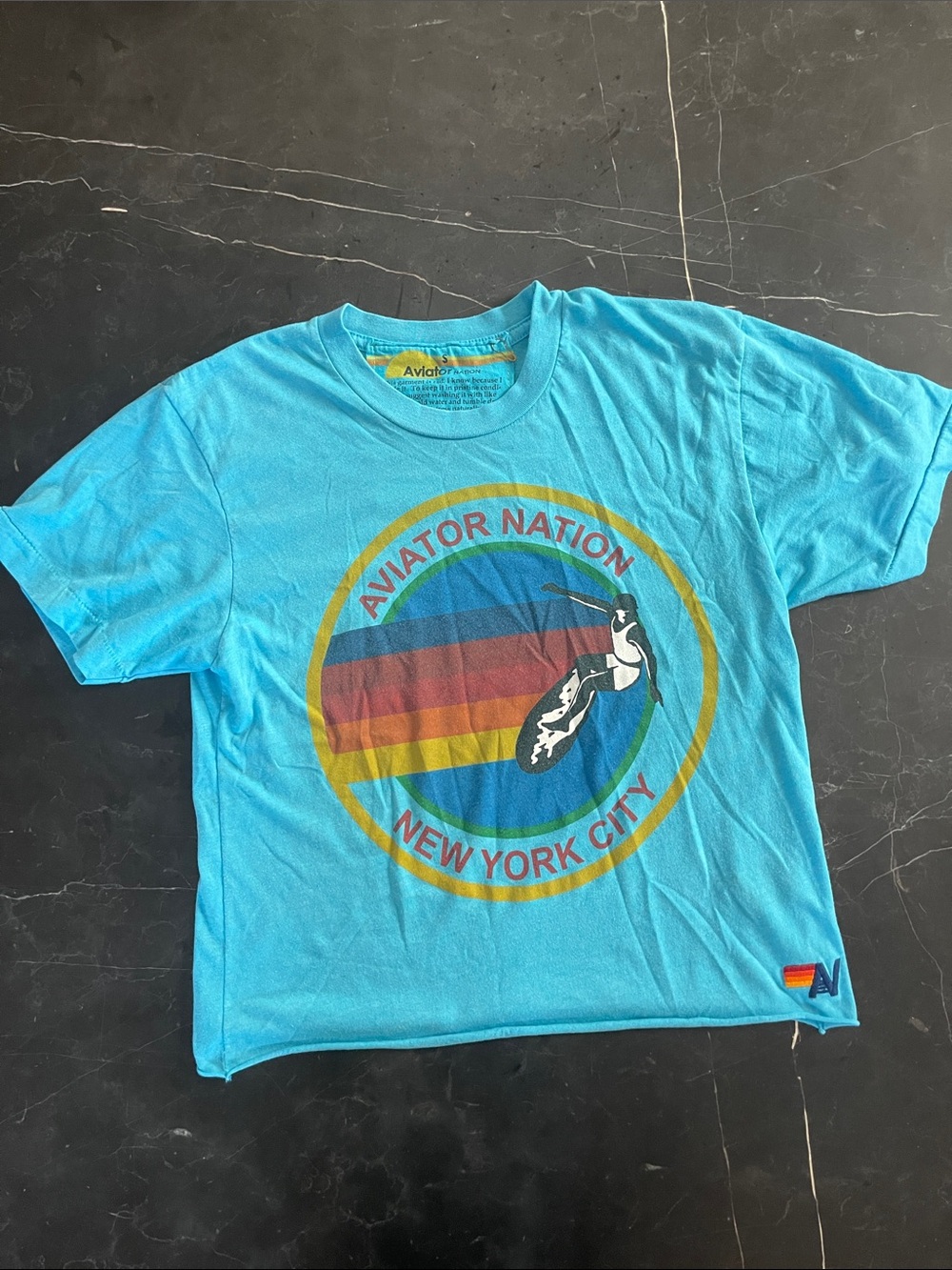 Aviator Nation Aqua Blue Tee with Retro Rainbow Graphic Size S